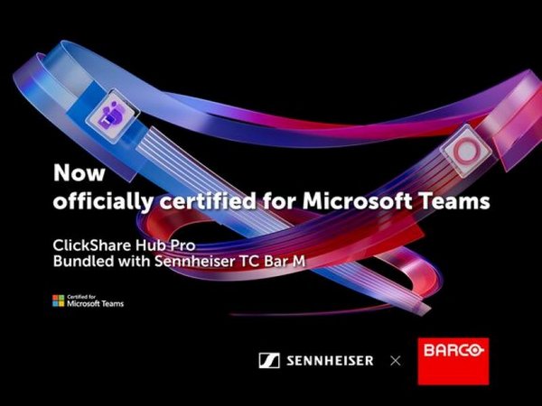 Moderner Konferenzraum mit Barco ClickShare Hub und Sennheiser Audiosystem für hybride Meetings.